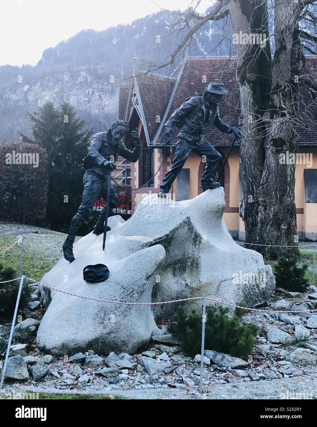 Statue honouring Melchior Anderegg in Meiringen, Switzerland. Boxing Day 2018. Stock Photo