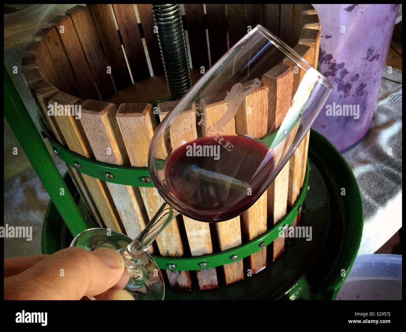 New Syrah wine straight from a basket press, Catalonia, Spain. - Smartphone Captured Stock Image