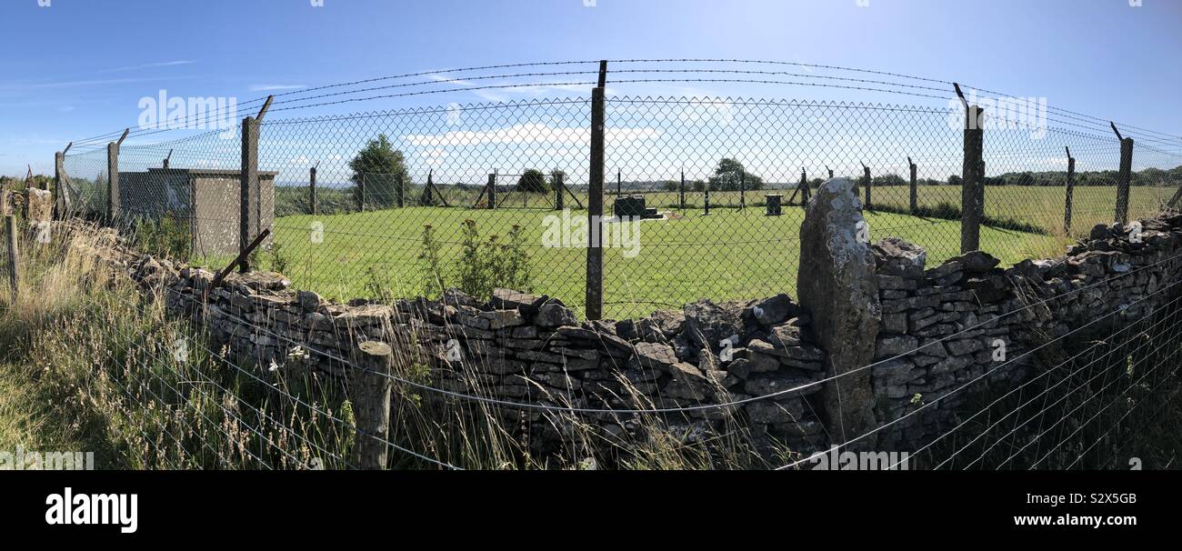 Panorama of the outside of a Cold War civil defence bunker (Observer Corp) at Broadway Hill Tower, where observers would have monitored a nuclear attack on the UK by Russia. Stock Photo
