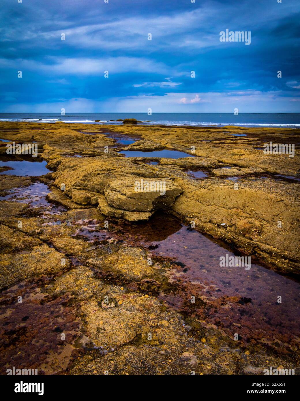 Rock pools and wave cut platform on the beach at Staithes in North Yorkshire England UK - Smartphone Captured Stock Image