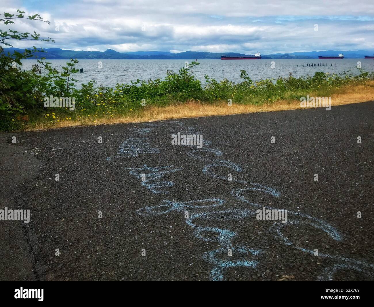 “Go with the flow” chalk drawing on paved path beside beach - Smartphone Captured Stock Image