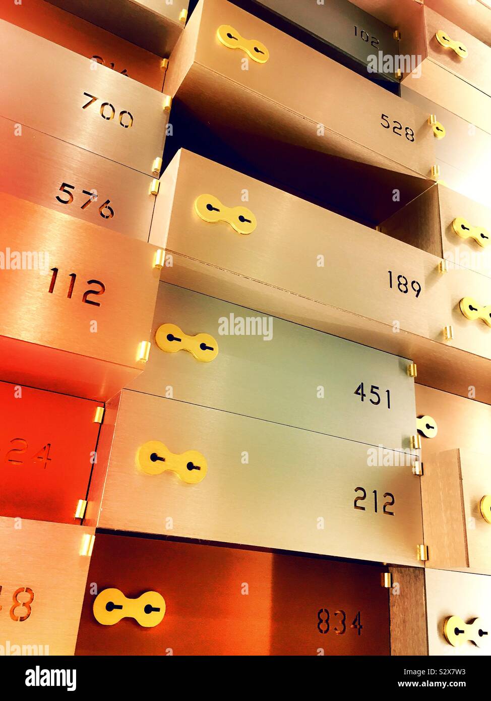 Safe deposit box decor is in the Saks fifth avenue high end jewelry department on the lower level of the fifth Avenue flagship store in midtown Manhattan, NYC, USA - Smartphone Captured Stock Image