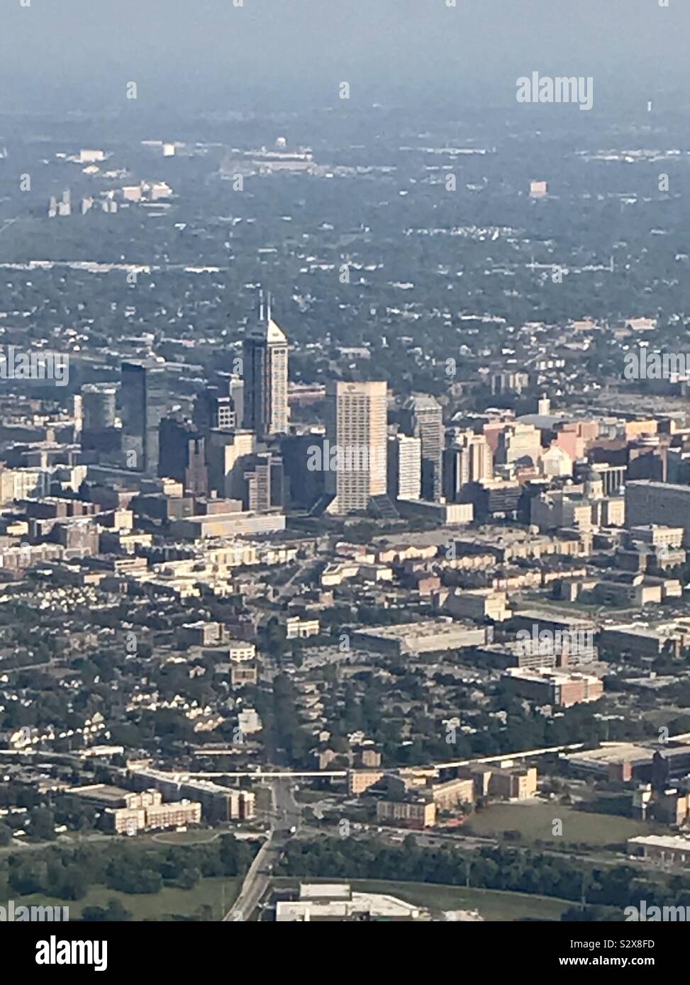 View of downtown Indianapolis Indiana from airplane Stock Photo