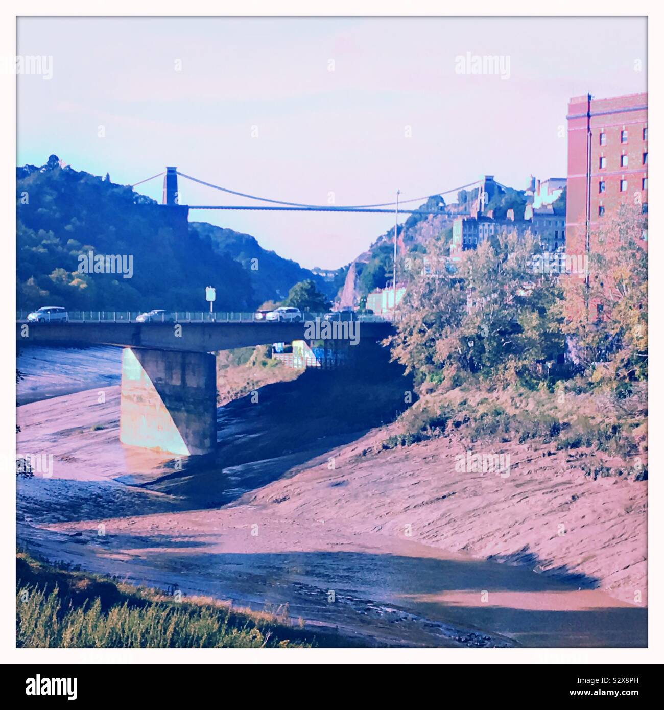 A view along the river Avon at low tide, to the Clifton Suspension