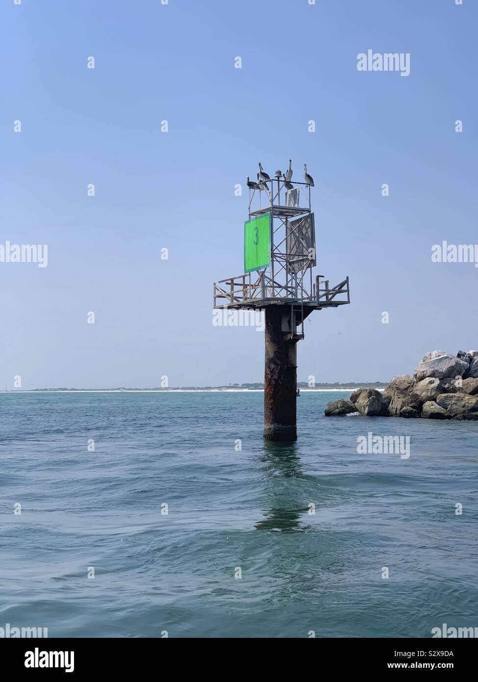 A group of pelicans sitting on top of a boat marker with beautiful view of the Gulf of Mexico’s water - Smartphone Captured Stock Image
