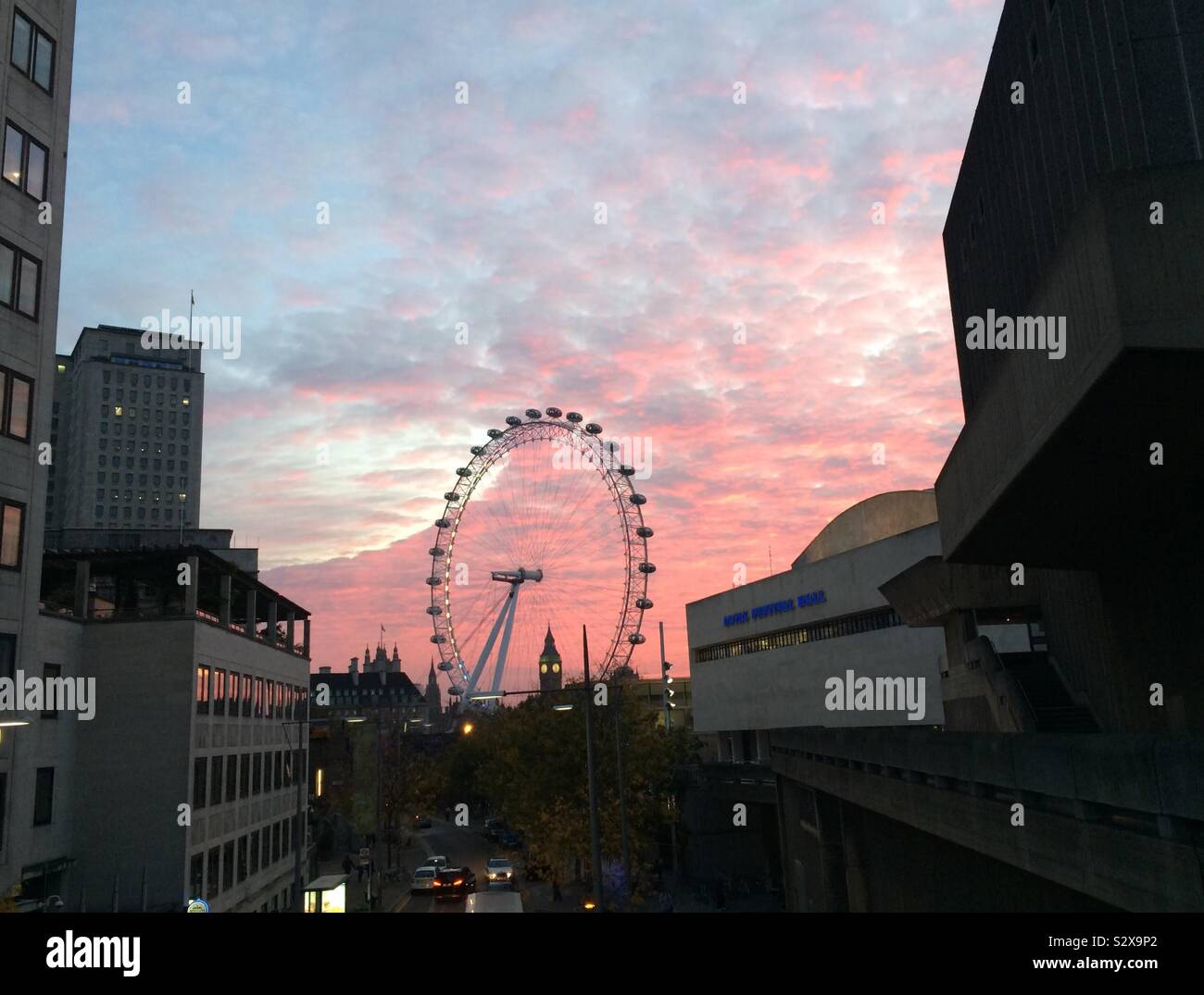 View of the London Eye and Royal Festival Hall, London, at sunset Stock ...