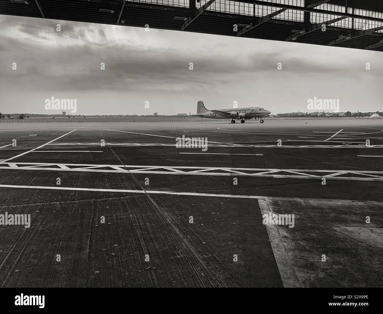 Tempelhof Airport, Berlin, Germany. Berlin‘s old airport was involved with the Berlin airlift. Architectural feature is the canopy that protected boarding passengers from the weather. Stock Photo