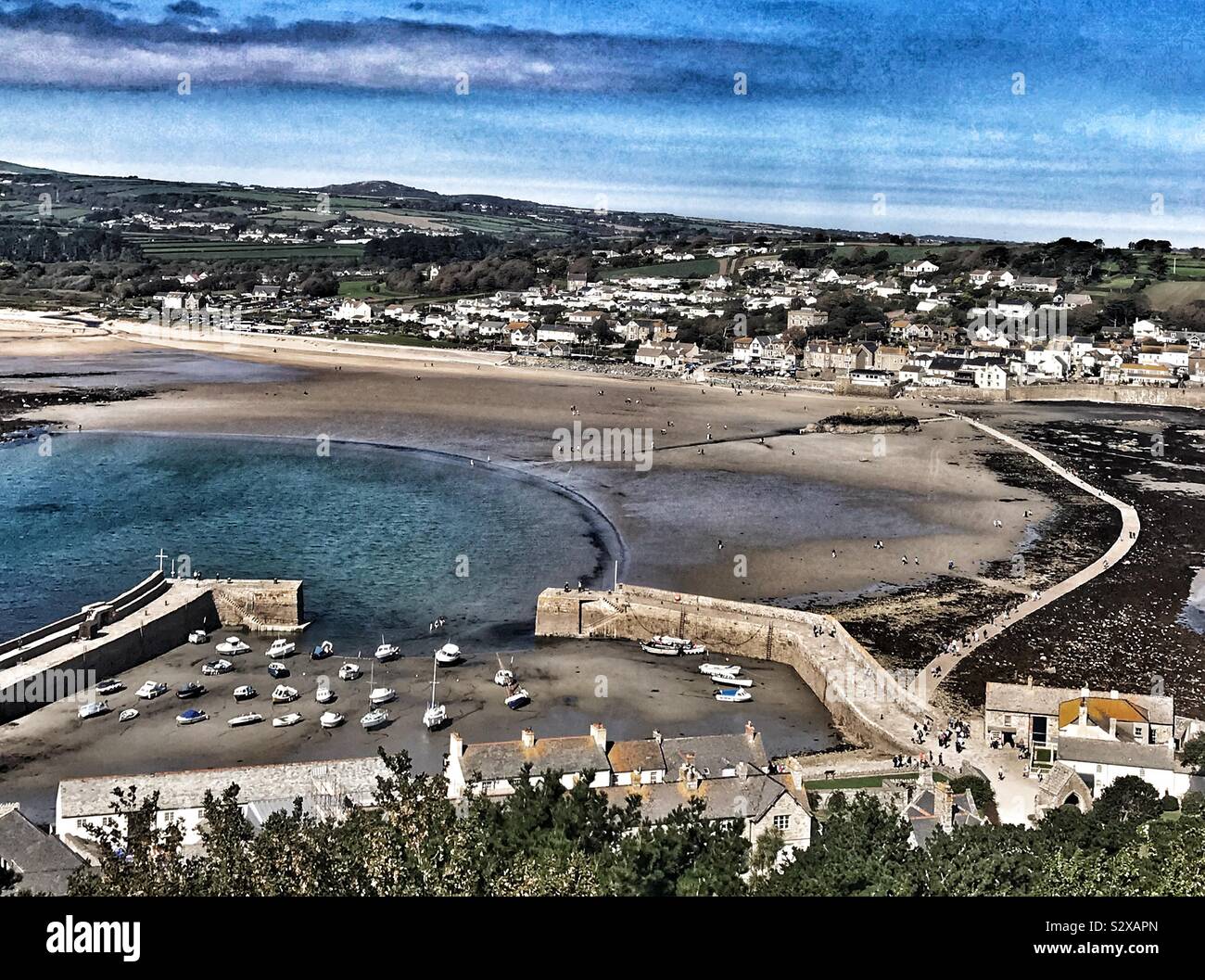 View From St.Michael’s Mount Castle In Cornwall UK Of Marazion, The Causeway and Harbour - Smartphone Captured Stock Image