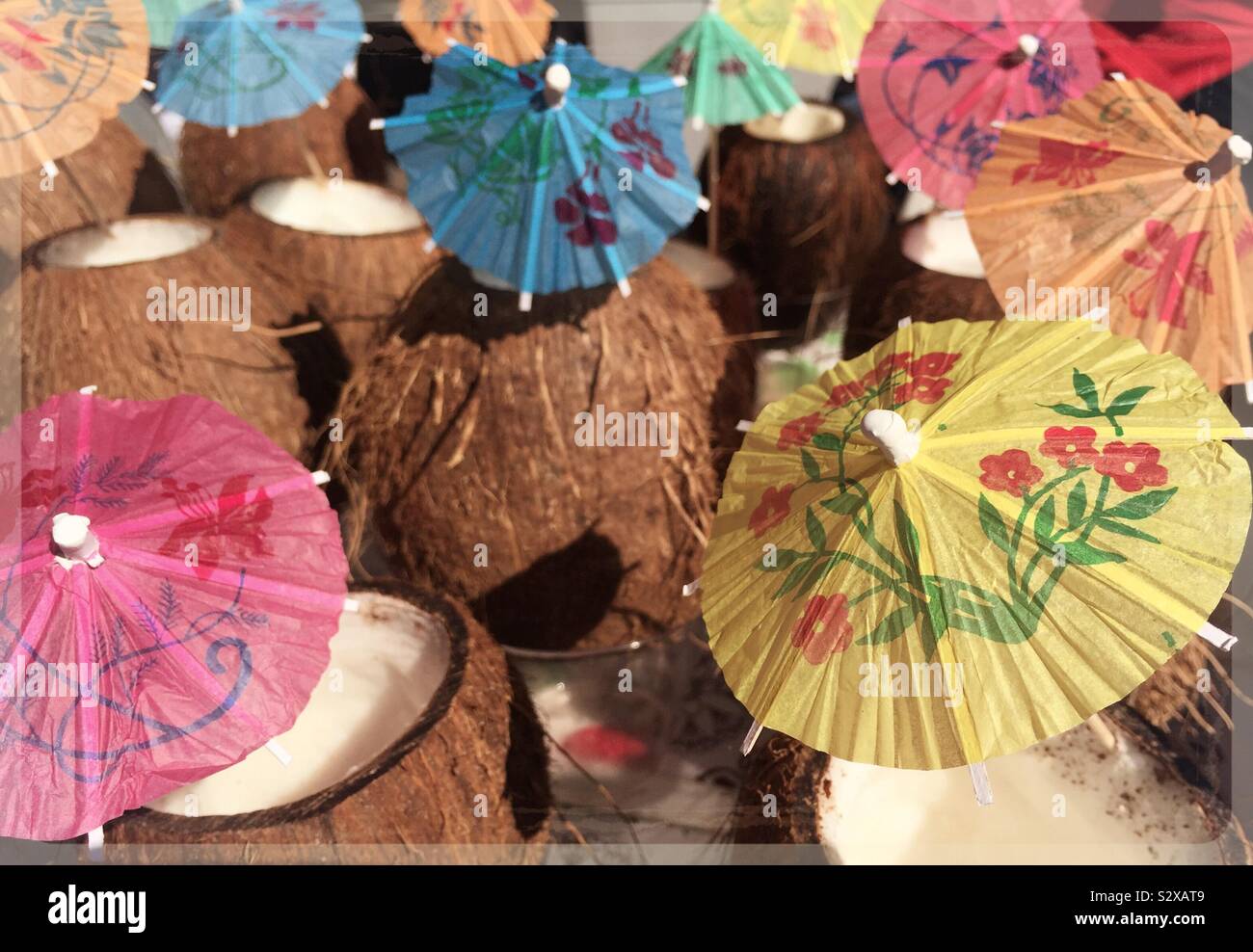 Tropical tiki bar cocktails served in a coconut shell with a tiny decorative umbrella, Little Italy, USA, NYC - Smartphone Captured Stock Image