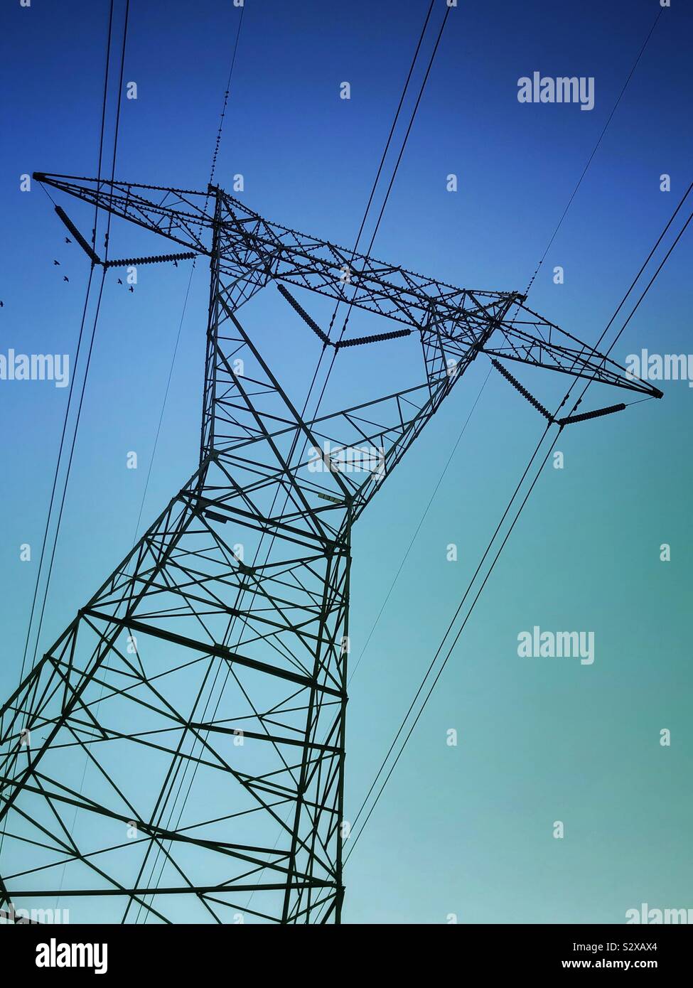 A grading blue green sky behind a large electrical tower and many wires - Smartphone Captured Stock Image