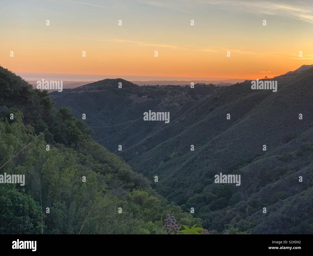 Sunset viewed from State Route 154, also known as San Marcos Pass Road, Santa Ynez Valley, California, United States - Smartphone Captured Stock Image