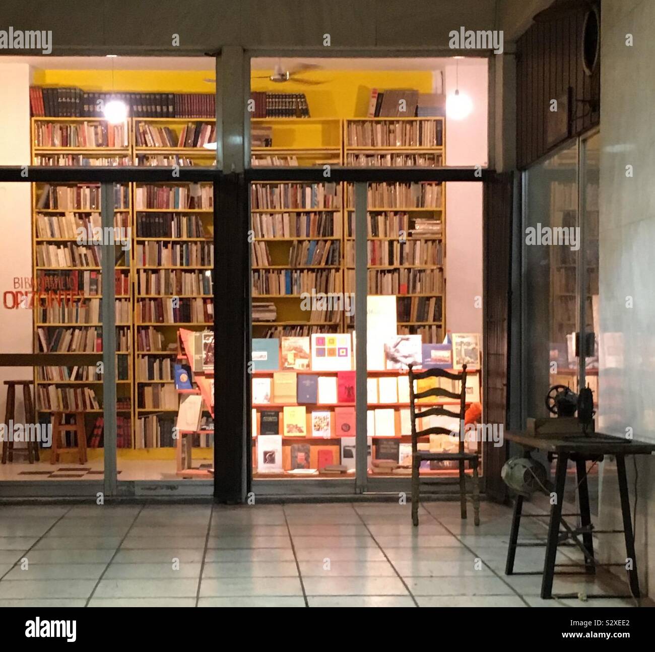 Bookshop in an arcade (stoa) on Akademias St. in Athens, Greece. This area is the academic quarter of Athens with many bookshops near the University of Athens and the National Technical University. Stock Photo