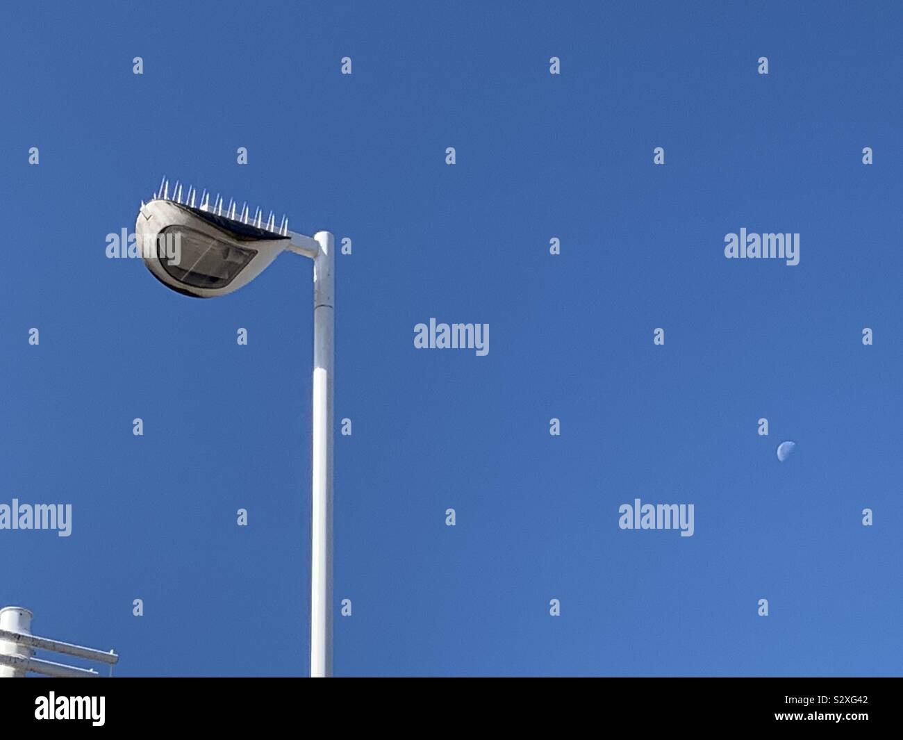 Streetlight with bird deterrent spikes against a clear blue sky Stock
