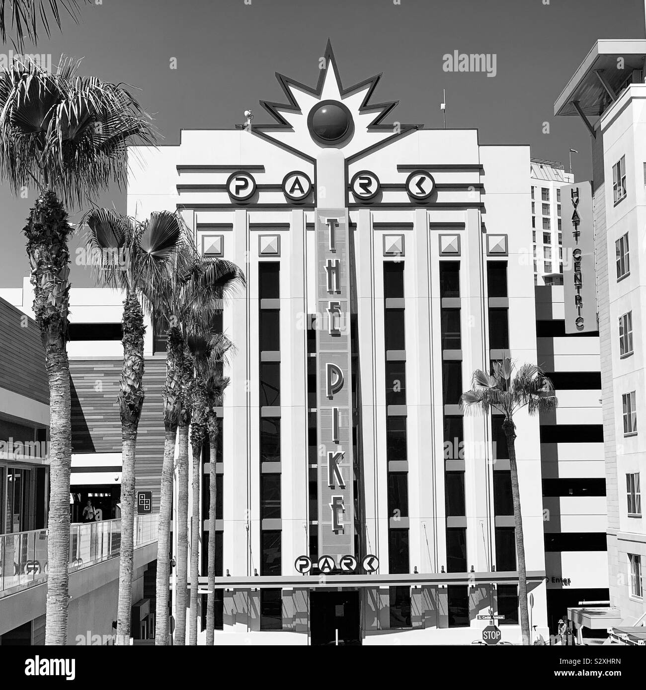 Black and white image of The Pike Outlets Parking Garage, Long Beach, California, United States - Smartphone Captured Stock Image
