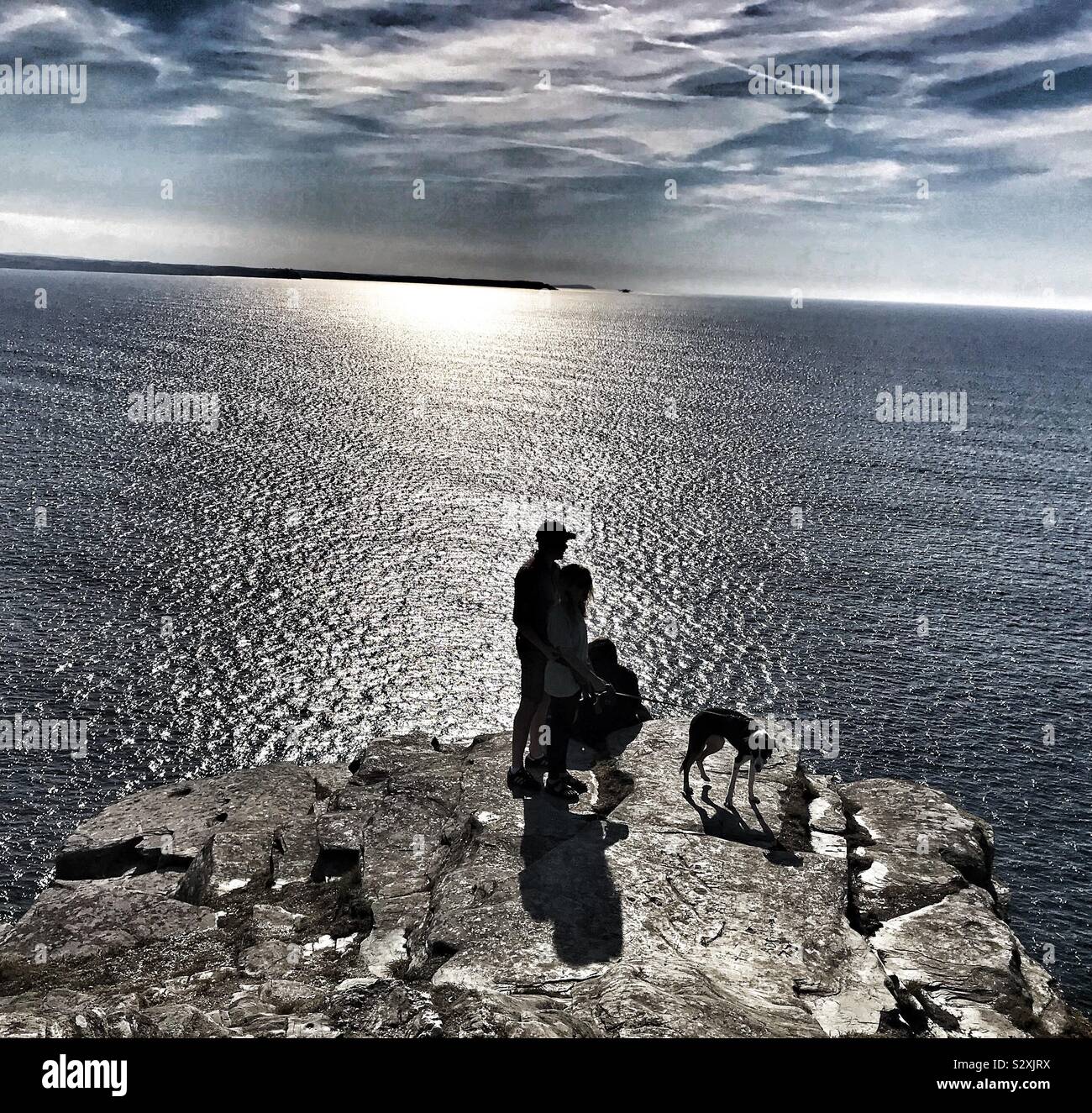 Couple and Their Dog On Cliff With The Sun Setting Behind Them Overlooking The Atlantic Ocean At Tintagel Castle - Cornwall UK - Smartphone Captured Stock Image