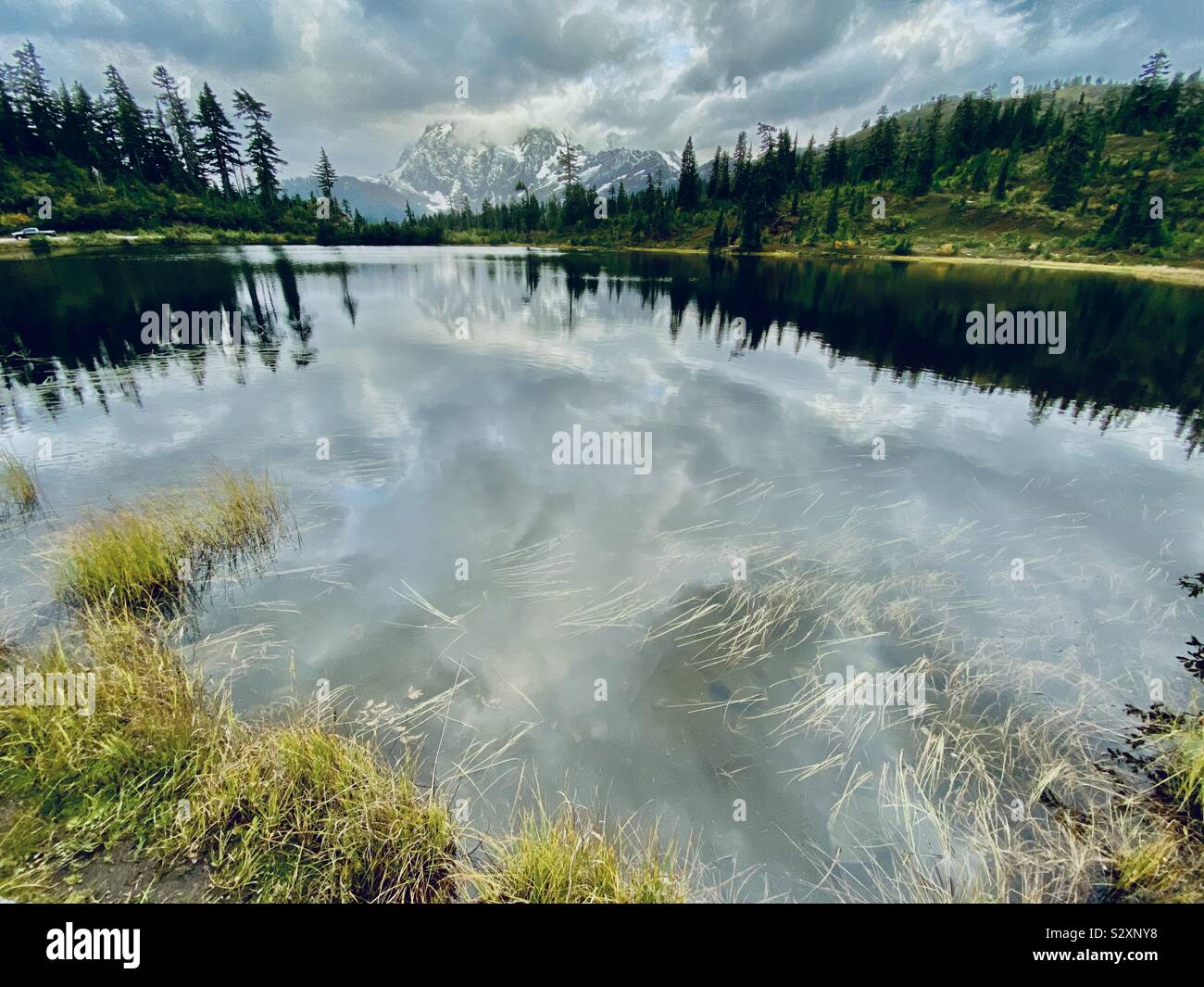 Mount Shuksan from Picture Lake at Heather Meadows, Mount Baker-Snoqualmie National Forest - Smartphone Captured Stock Image