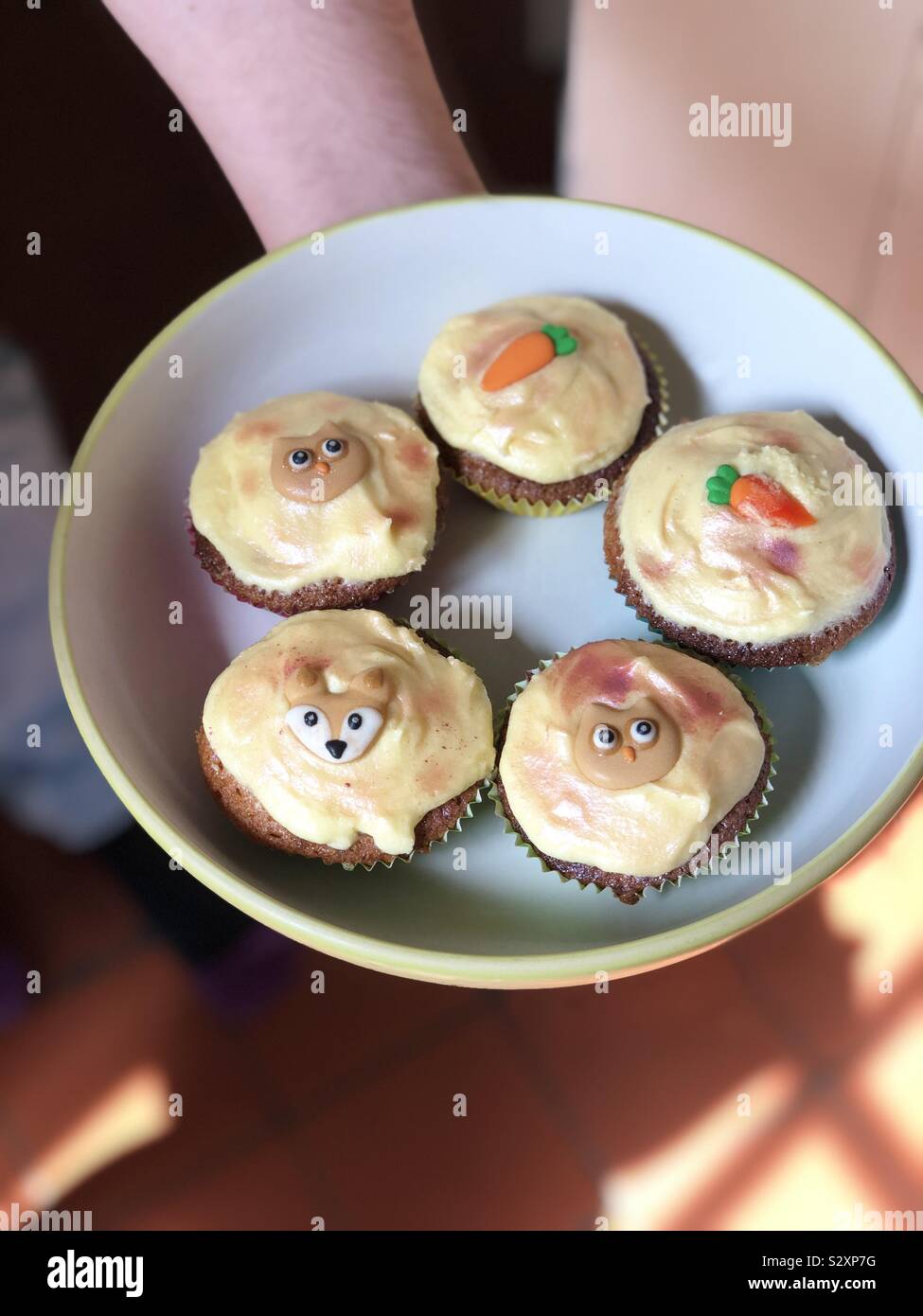 Home made fairy cakes with icing on plate. Baking with kids. Stock Photo