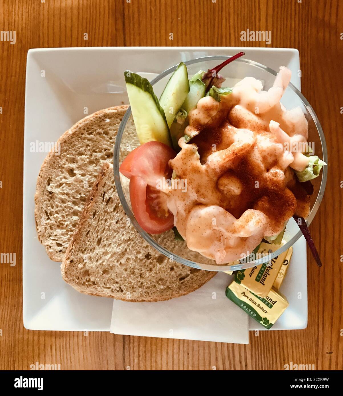 Prawn cocktail starter at Table Table, Caernarfon, Gwynedd, Wales. - Smartphone Captured Stock Image