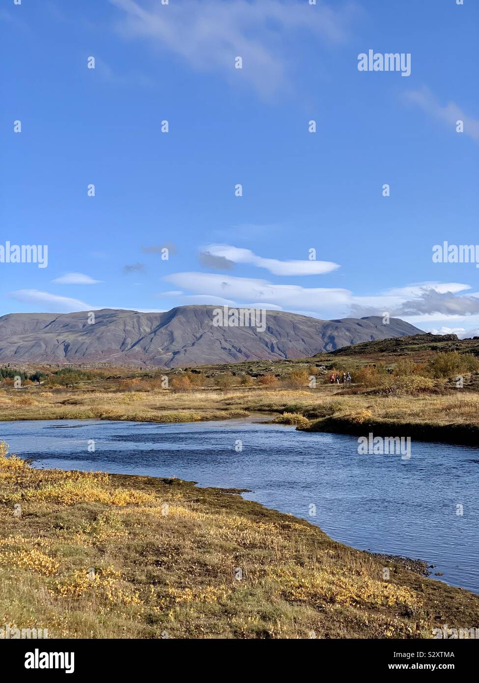 Thingvellir National Park, Iceland - September 2019: Beautiful bright autumn day at this UNESCO world heritage site where you can walk on two continents. - Smartphone Captured Stock Image