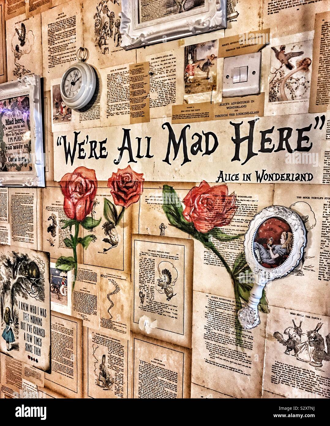 Vintage Tea Room Wall Decor On A Alice In Wonderland Theme In Welshpool-  Wales Stock Photo - Alamy