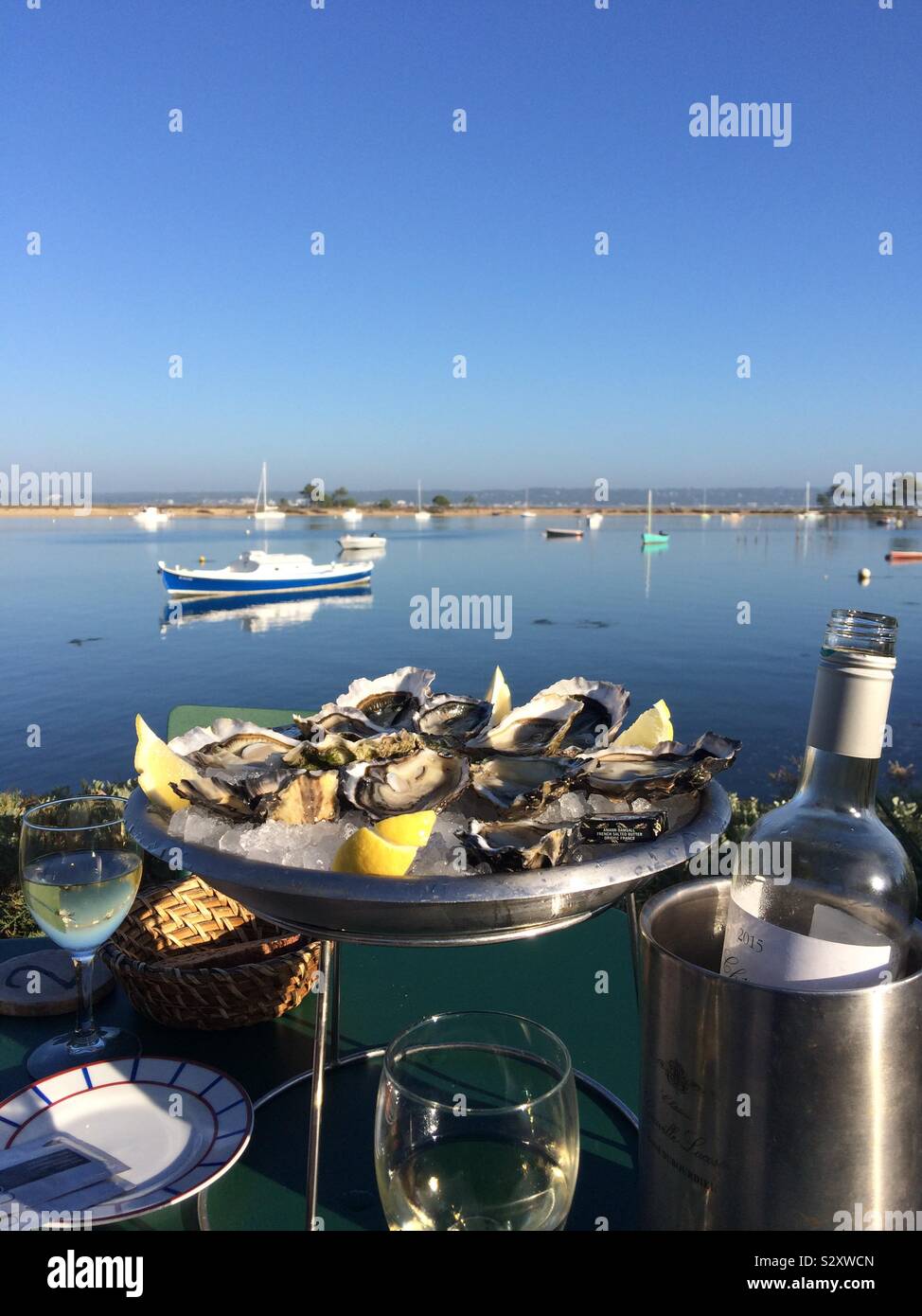 Oysters and white wine in Cap Ferret (France) Stock Photo