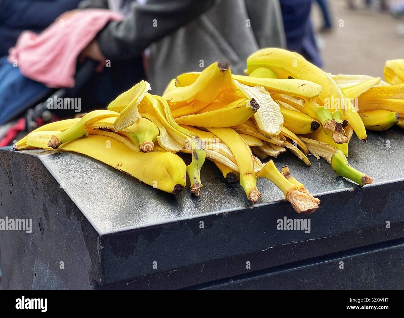 Pile of banana skins left by runners after finishing a half marathon Stock Photo