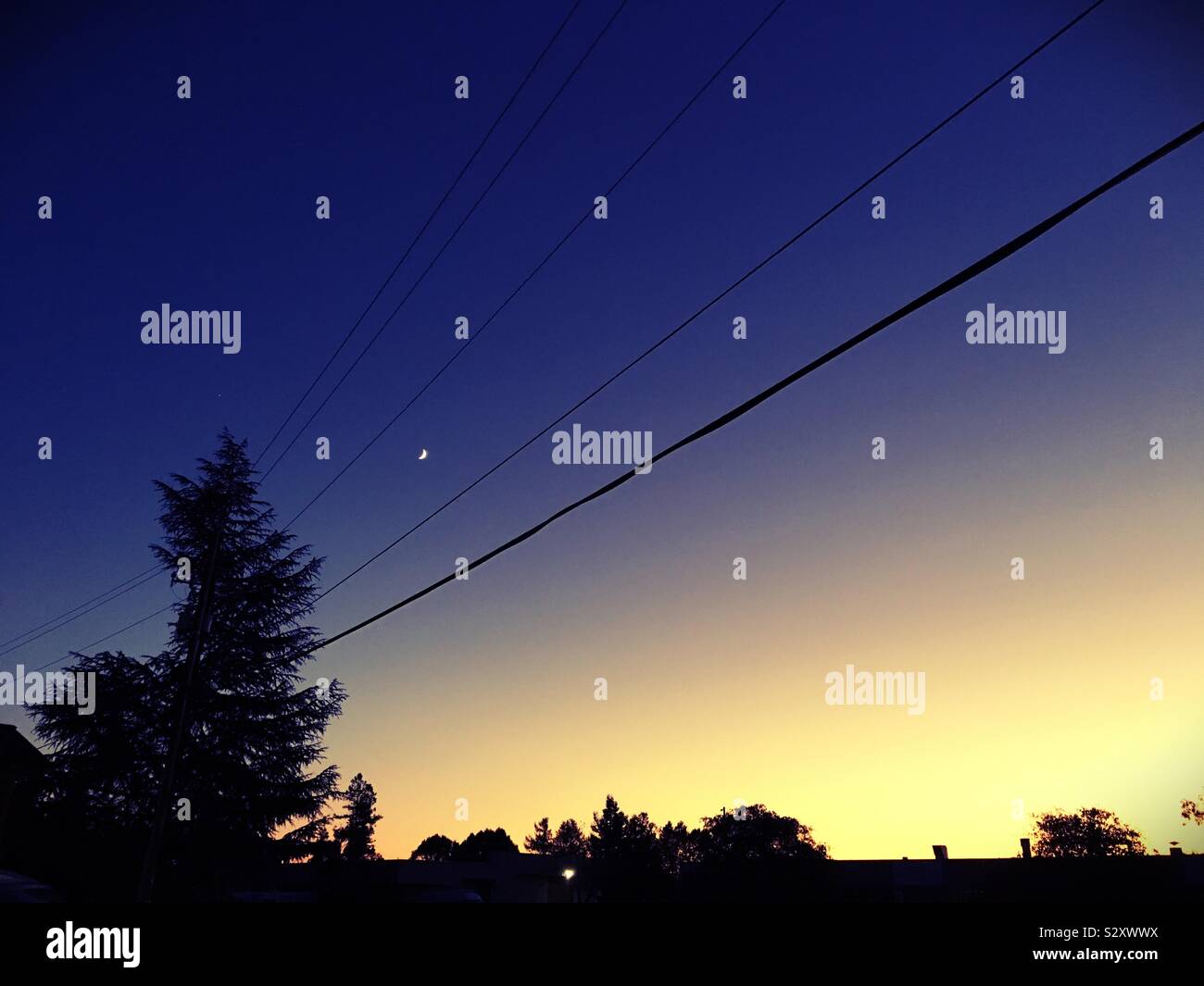 A crescent moon and power lines against a gradient sunset. Stock Photo