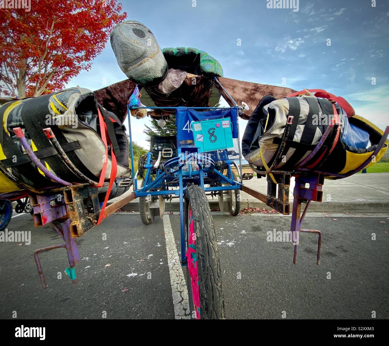 A participant vehicle in the Kinetic Sculpture Race in Port Townsend, WA, USA 2019. The amphibious sculptures are human powered and need to navigate road, water, sand, and mud - Smartphone Captured Stock Image