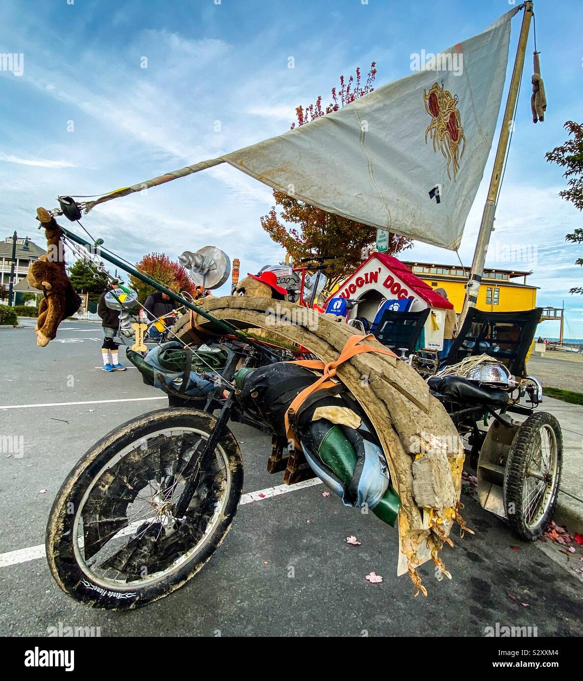 An entry in the Kinetic Sculpture Race in Oort Townsend, WA, USA 2019. The amphibious entries are human powered and need to navigate road, water, mud, and sand - Smartphone Captured Stock Image