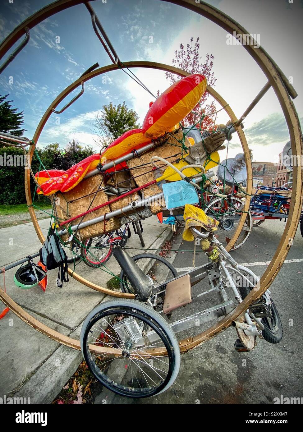 Entry in the Kinetic Sculpture Race in Port Townsend, Wa, USA 2019. The amphibious sculptures are human powered and need to navigate road, water, sand and mud - Smartphone Captured Stock Image