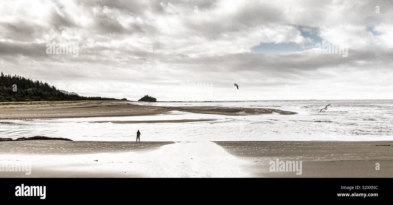 Lone fisherman casting for salmon at the mouth of Sooes River and Makah Bay in the Makah Indian Reservation near Neah Bay, Olympic Peninsula, Washington State, USA. - Smartphone Captured Stock Image