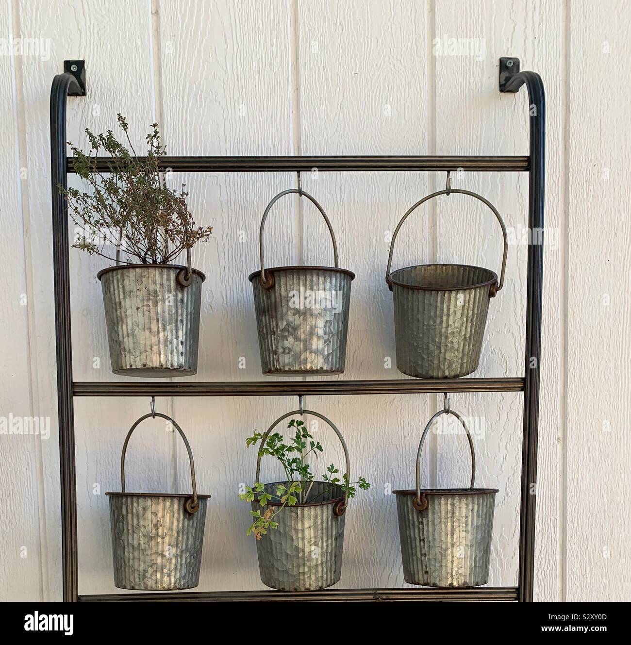 A Wrought iron metal decor displayed on a wooden barn outside with flowering pots filled with herbs Stock Photo
