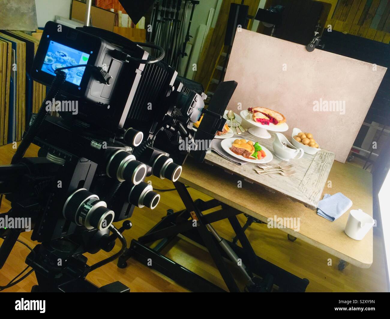 Food photography studio with large format camera and tabletop set Stock