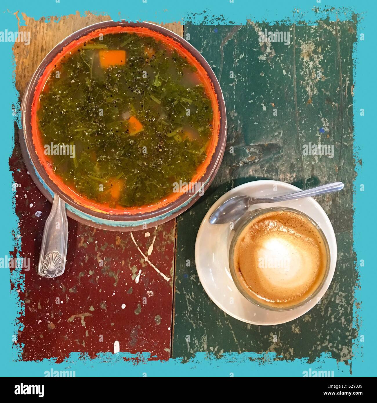 Healthy Kale Vegetable Soup And Cortado Coffee That Is Half Espresso Half Milk Grunge Scratch Paint Wood Table Flat Lay Stock Photo Alamy