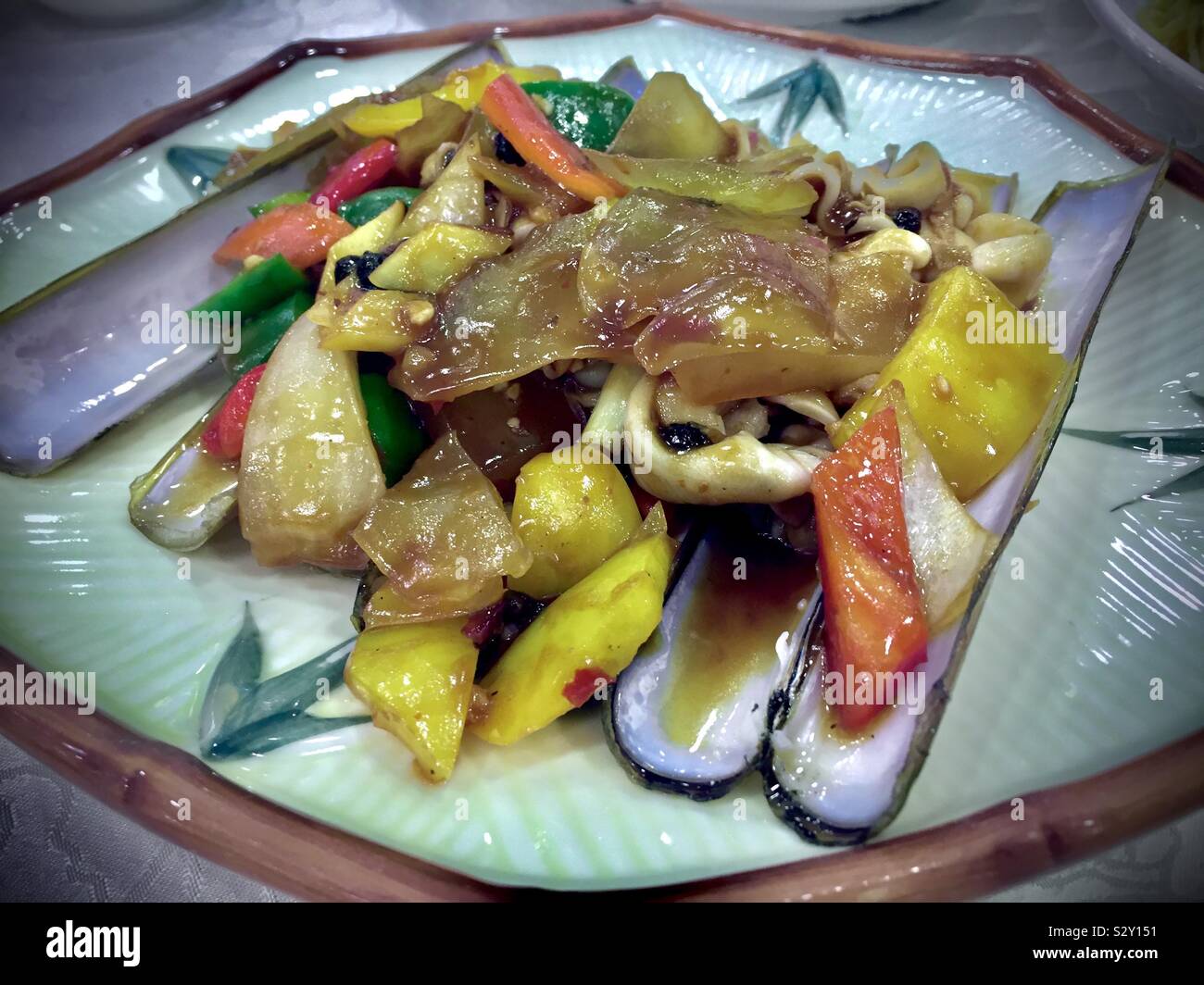 Dish of sauté razor clams, Hong Kong style. Stock Photo