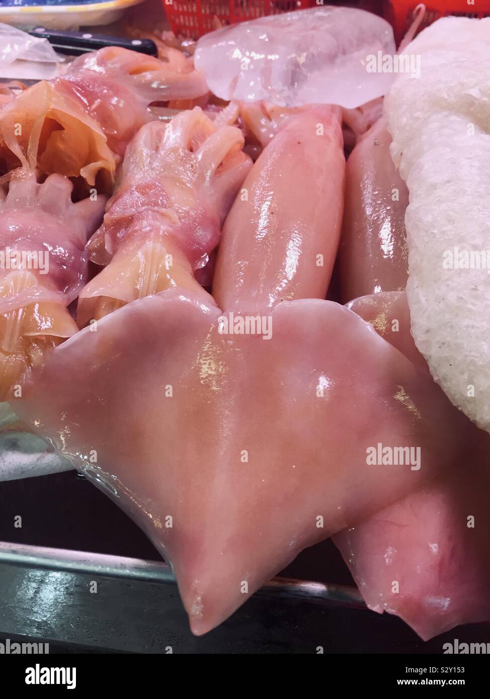 Fresh squid in local market. Kowloon, Hong Kong. - Smartphone Captured Stock Image