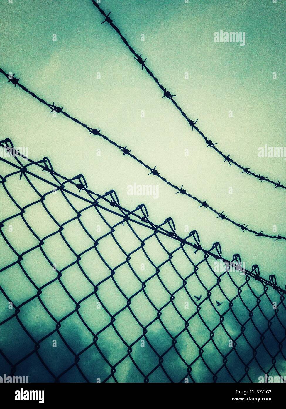 Mesh fence and barbed wire against cloudy sky. Stock Photo