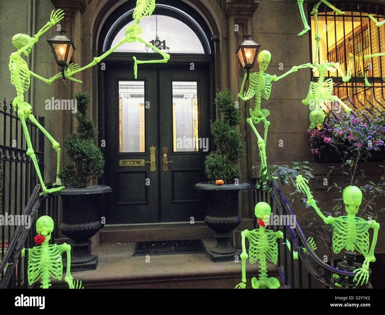 Halloween skeletons decorate the front of a brownstone in midtown Manhattan, NYC, United States - Smartphone Captured Stock Image