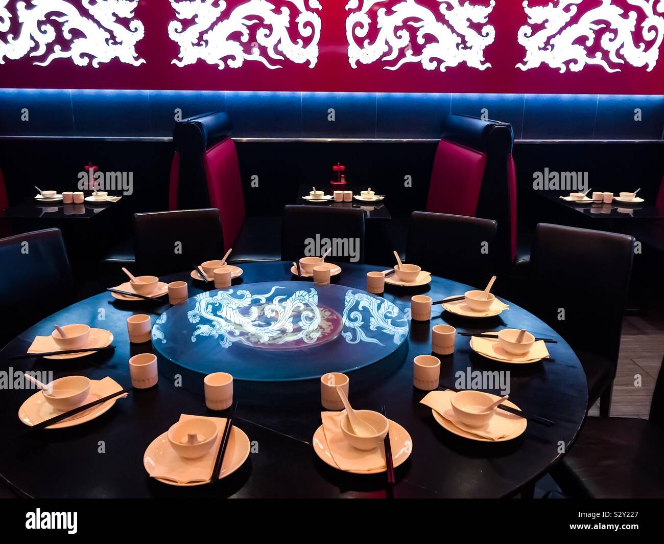 Plant based restaurant setting. Ontario, Canada. Empty. No people. Eat together. - Smartphone Captured Stock Image