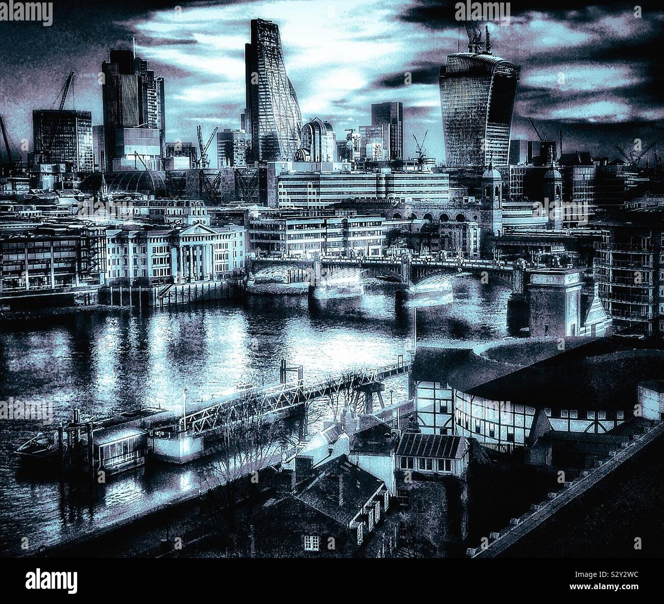 View of London skyline across the river Thames from Tate Modern Gallery - Smartphone Captured Stock Image