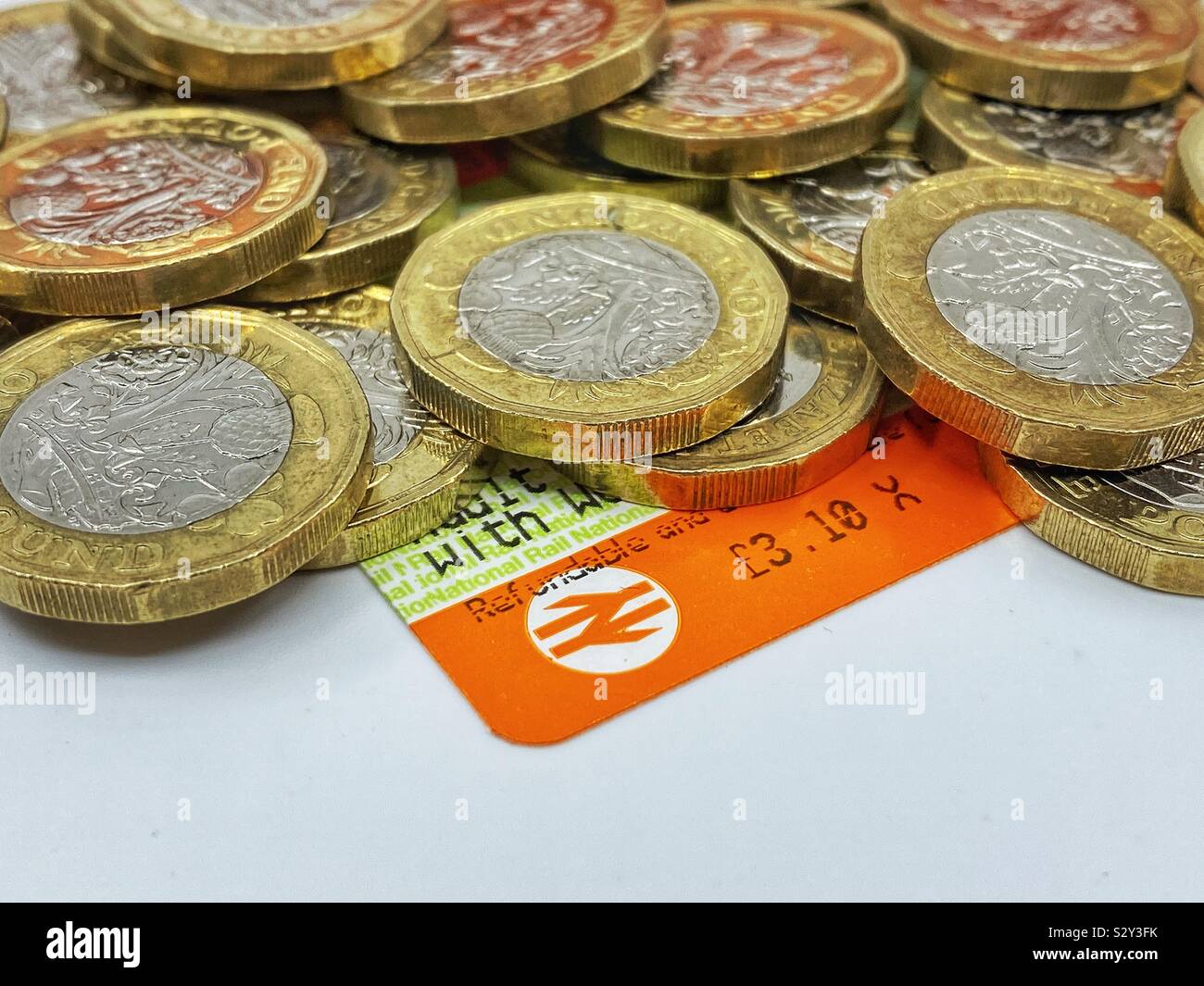 The cost of rail travel. One pound coins on top of a rail ticket Stock Photo