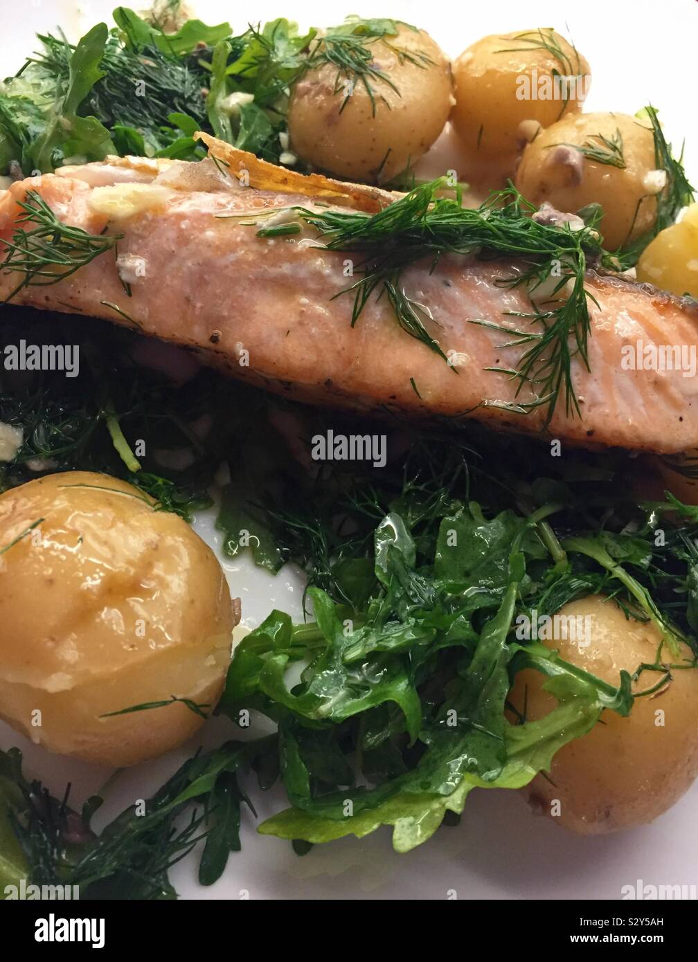 Close Up of Grilled Salmon and New Potato Entree,  USA - Smartphone Captured Stock Image