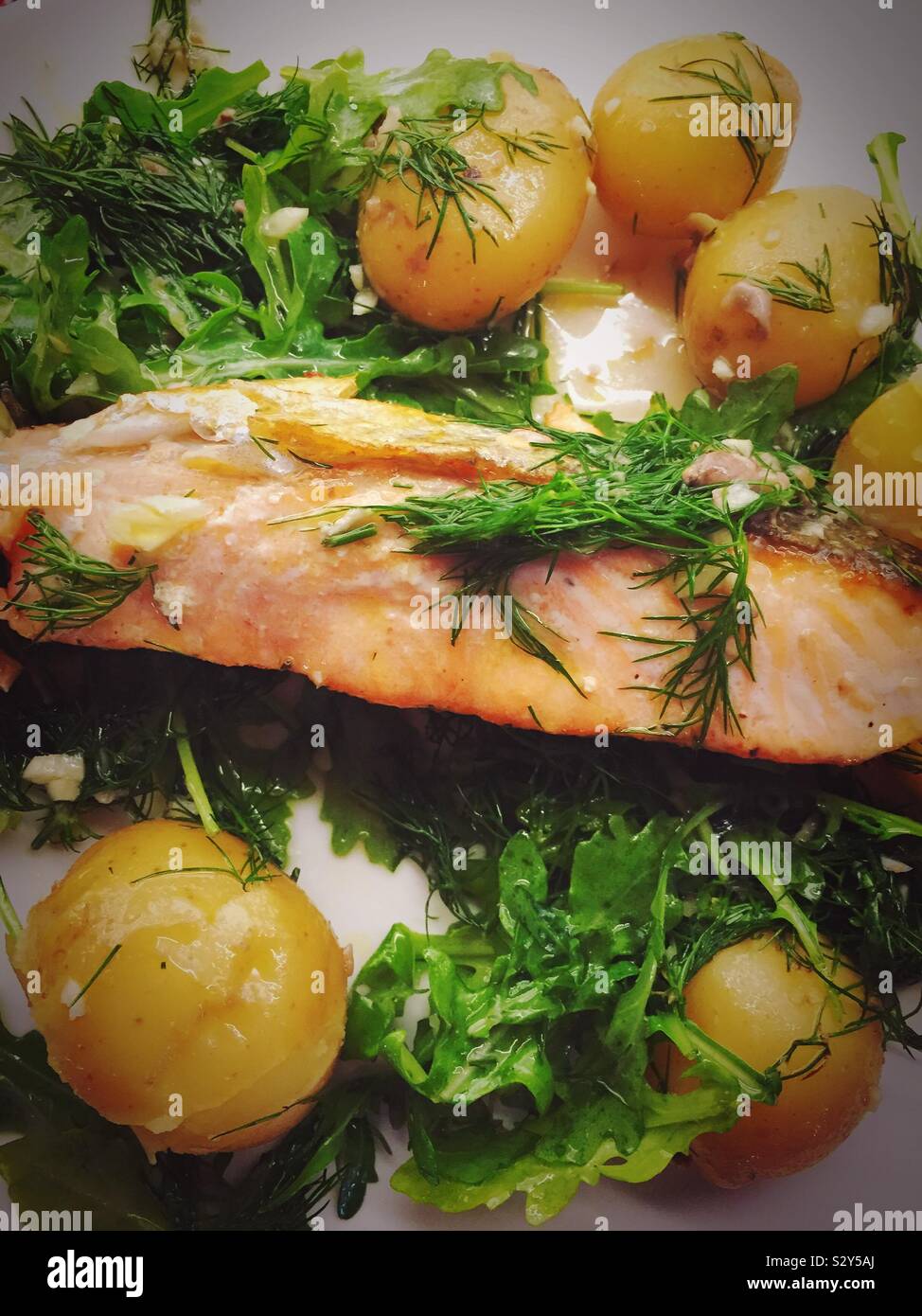 Close Up of Grilled Salmon and New Potato Entree,  USA - Smartphone Captured Stock Image