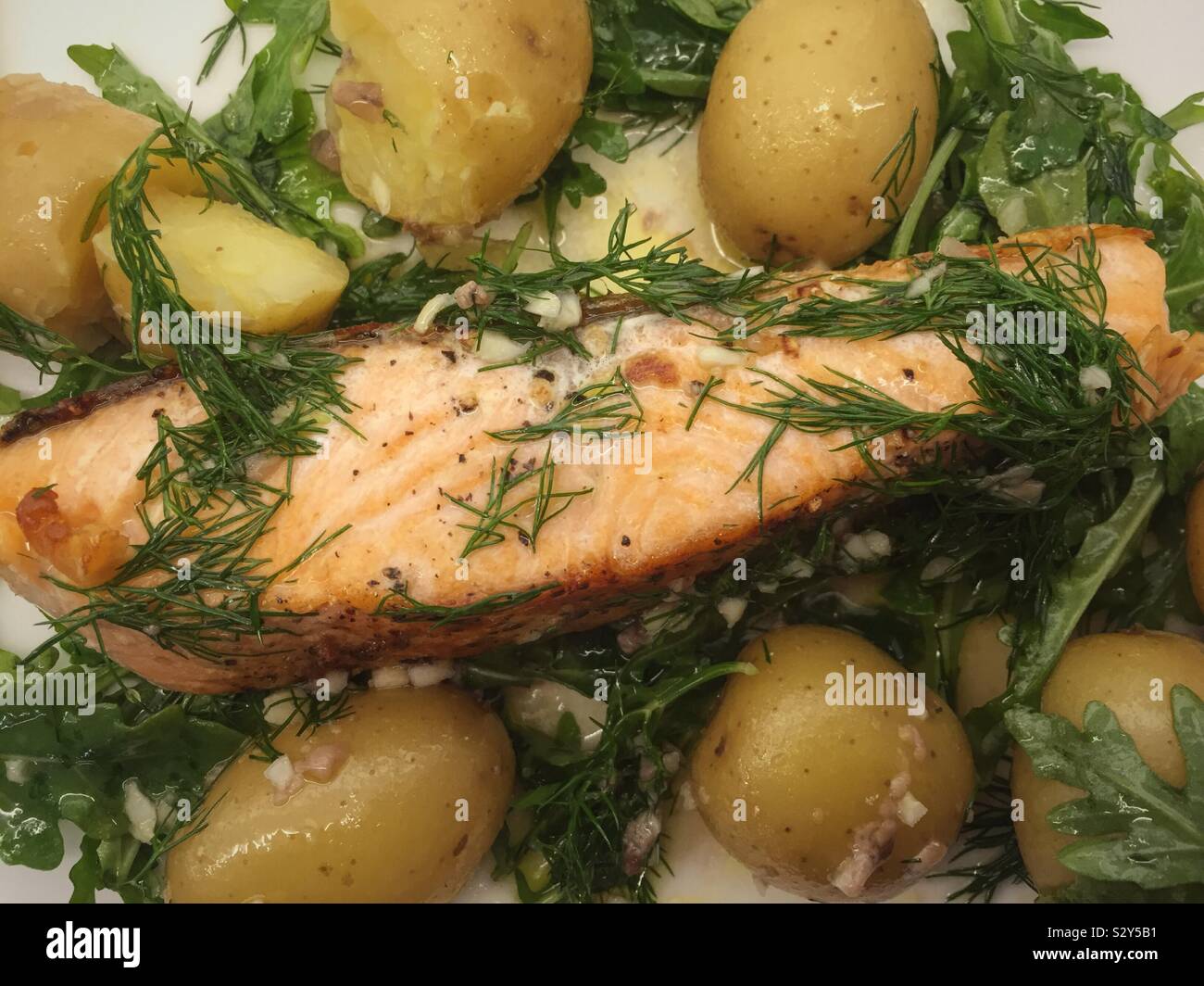 Close Up of Grilled Salmon and New Potato Entree,  USA - Smartphone Captured Stock Image