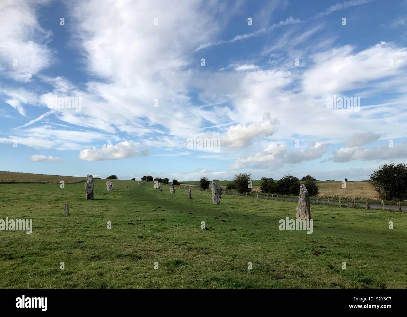 Megalithic Avenue at Avebury World Heritage site, with beautiful clouds. - Smartphone Captured Stock Image