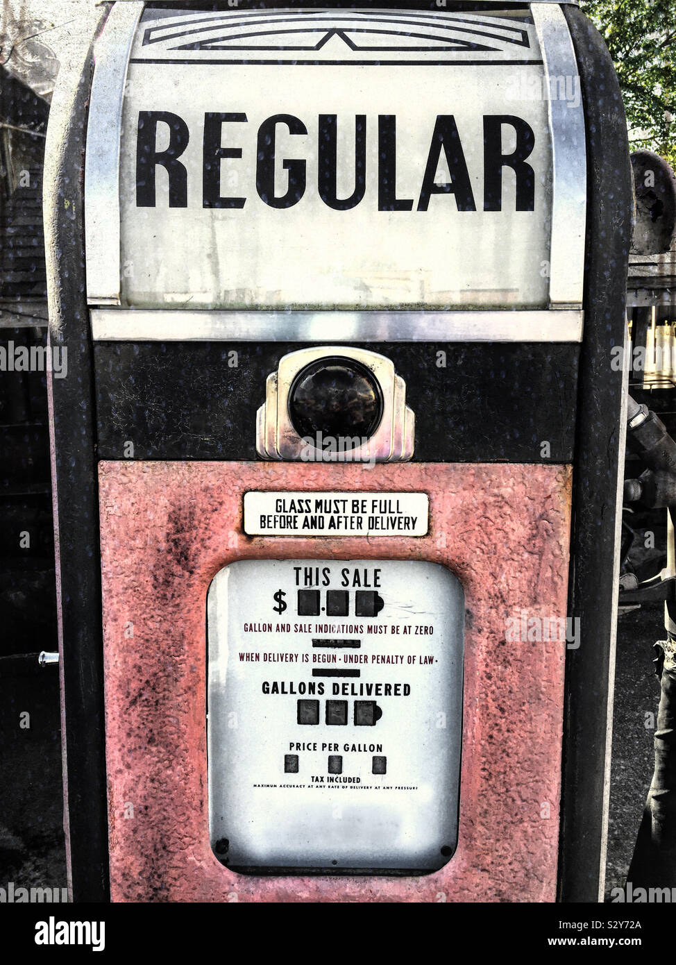 Close up of the front panel of an antique gas pumping station. The