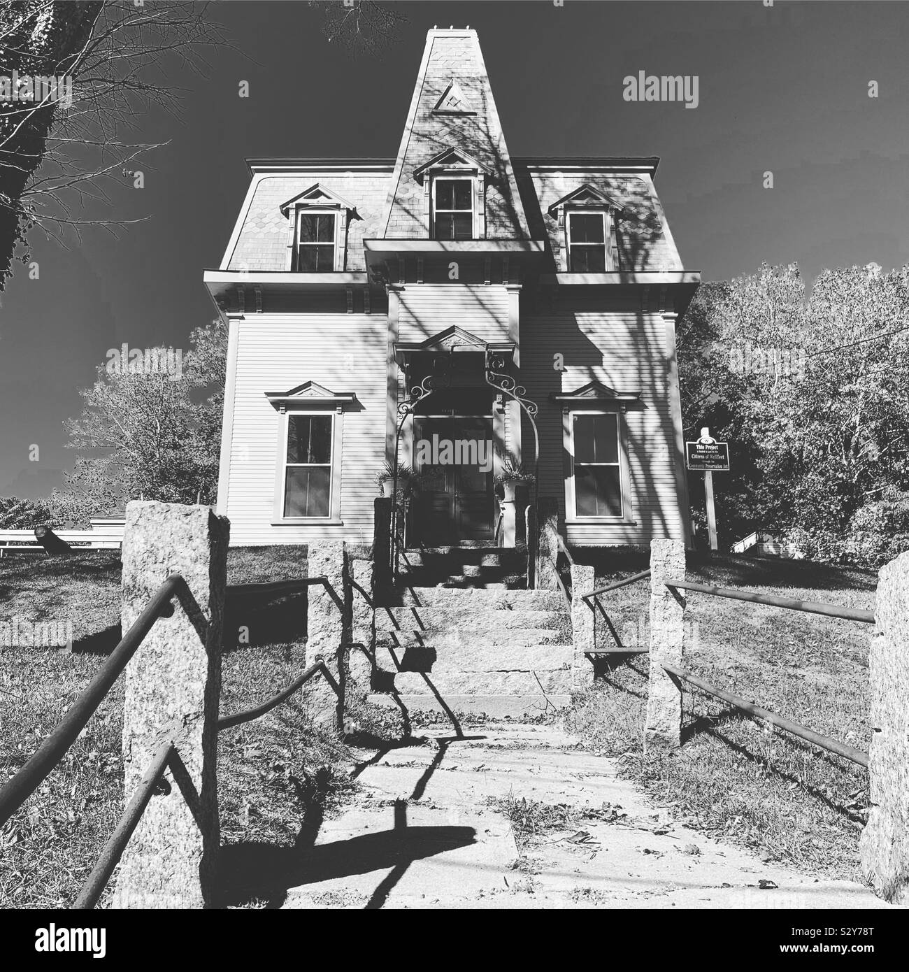 Black and white image of Adams Masonic Lodge, Wellfleet, Cape Cod, Massachusetts, United States - Smartphone Captured Stock Image