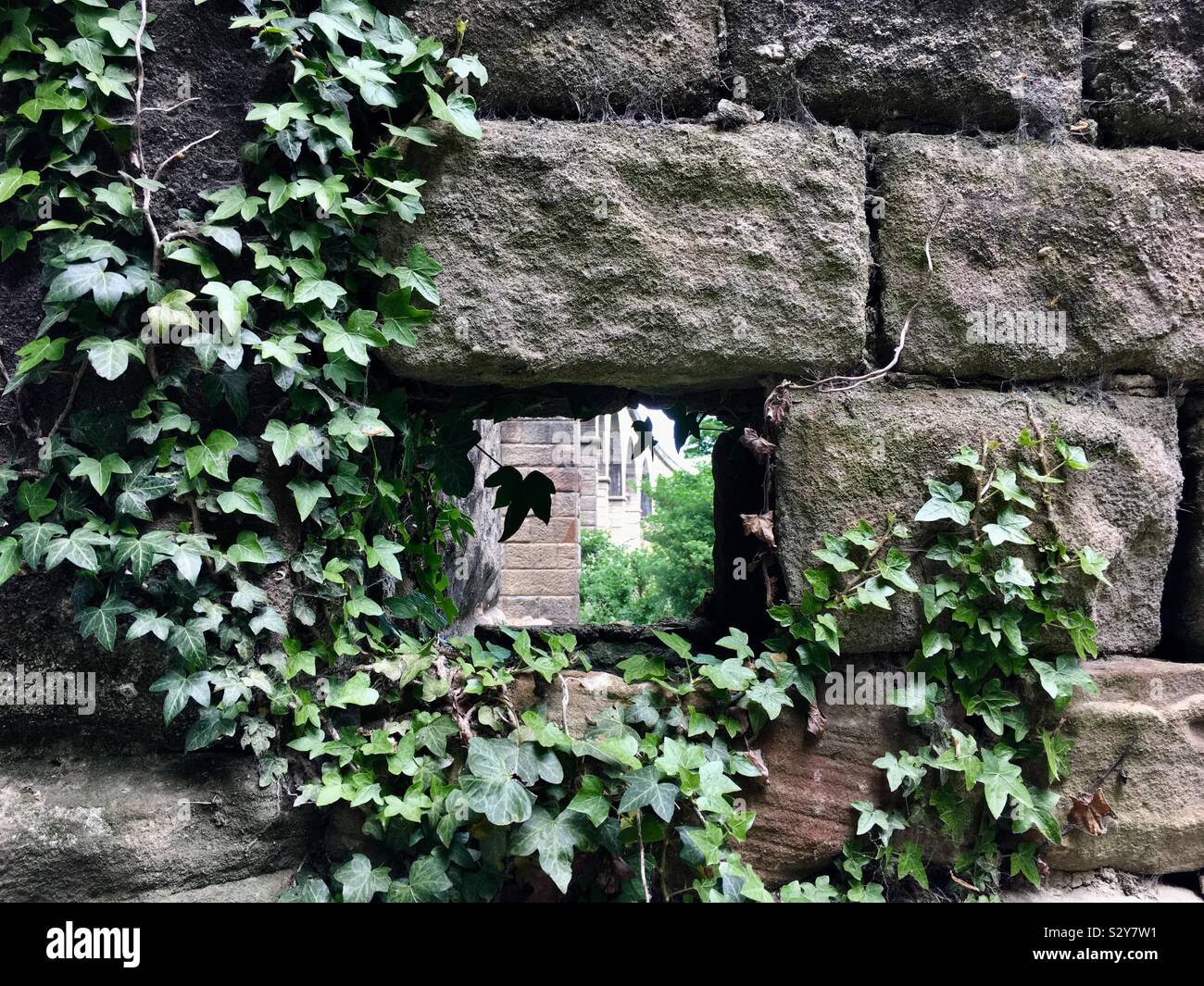 Arthington viaduct, Yorkshire, United Kingdom  through a hole in the wall - Smartphone Captured Stock Image