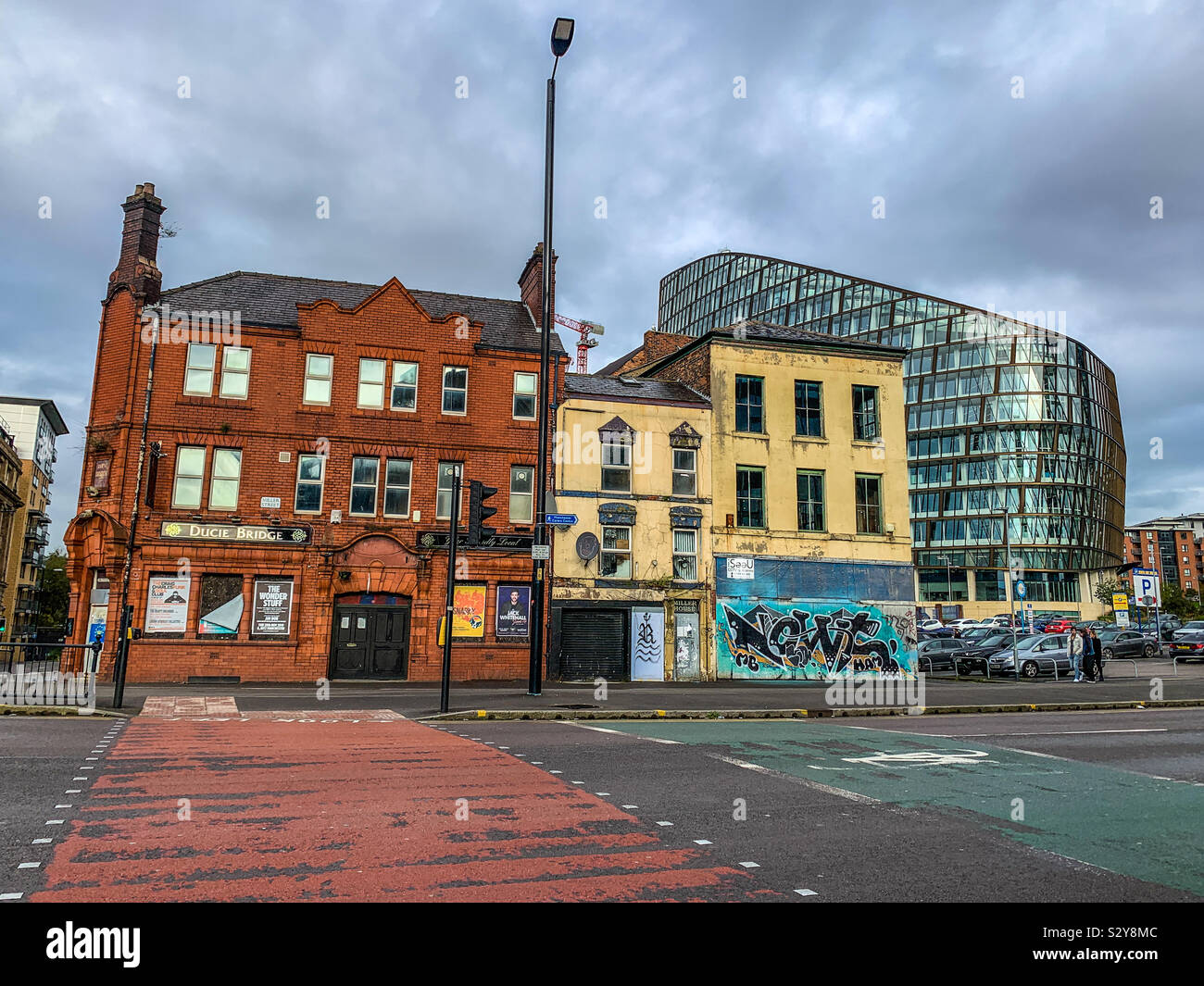 Miller Street closes Ducie pub and buildings in north Manchester City centre - Smartphone Captured Stock Image