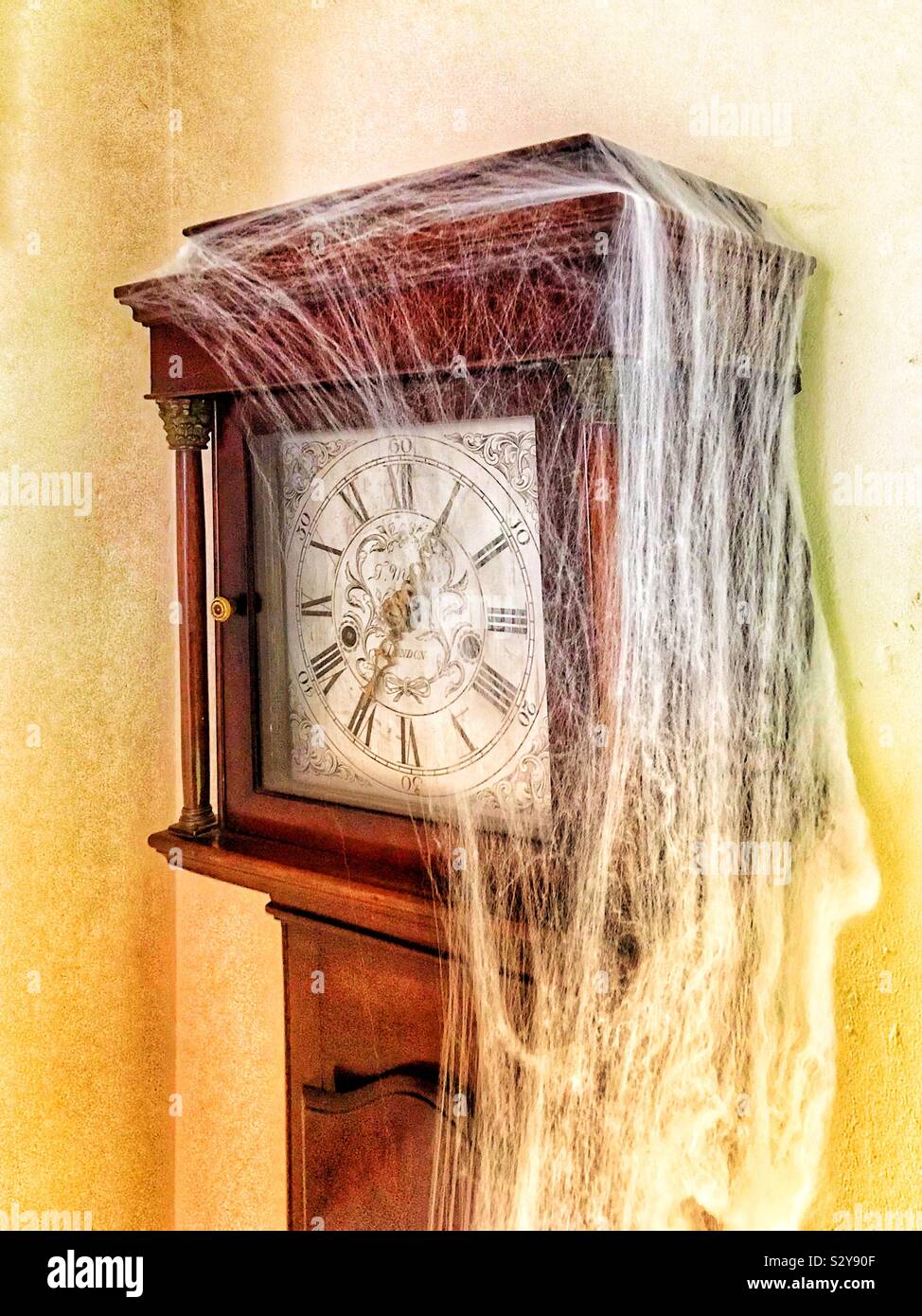 Old Grandfather Clock with cobwebst Stock Photo